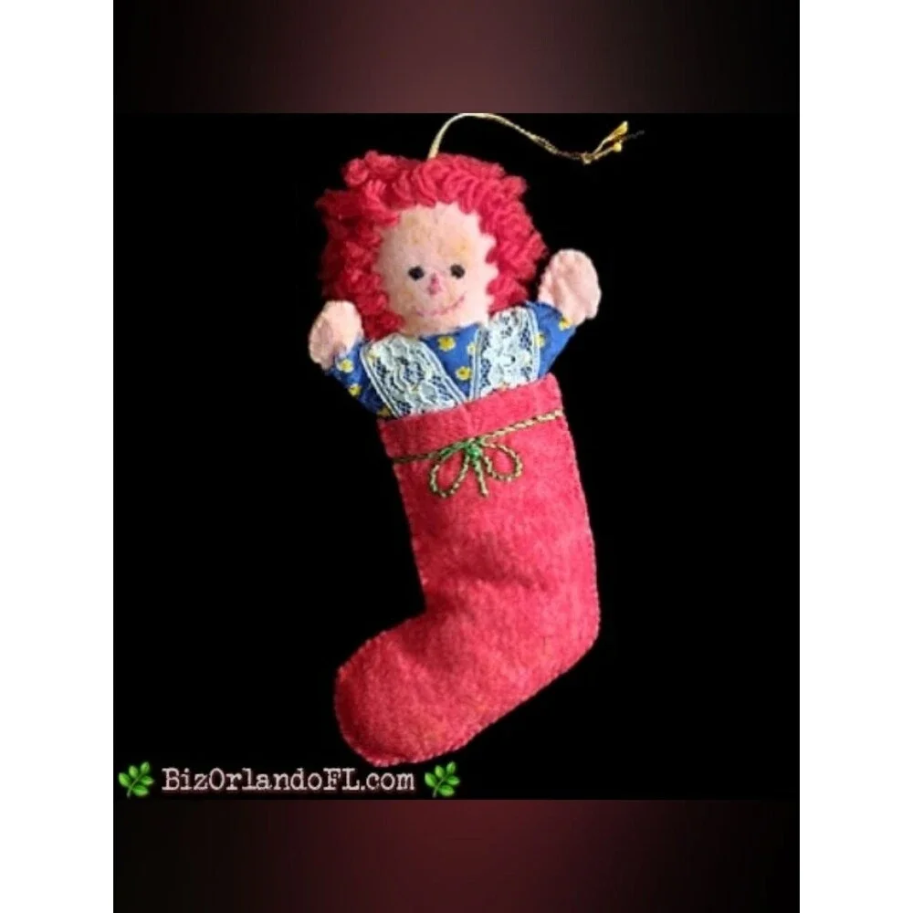 VINTAGE: Felt Raggedy Ann Doll Tucked Inside Stocking Holiday Christmas Ornament